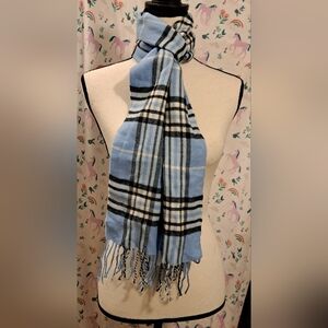 Vintage Baby Blue Plaid Cashmere Casual Neutral Unisex Scarf Wrap w/ Fringe